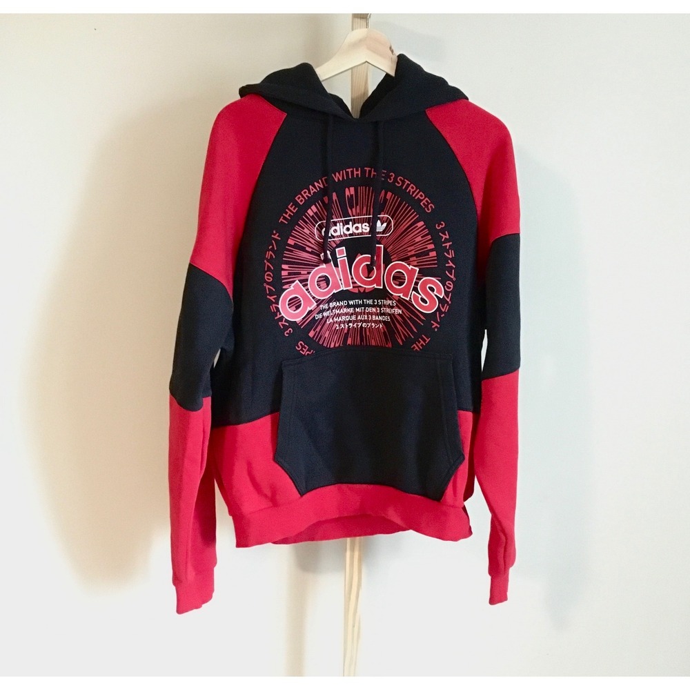 Adidas Colorblock Hoodie Pullover Red Black Trefoil Logo Mens Size M